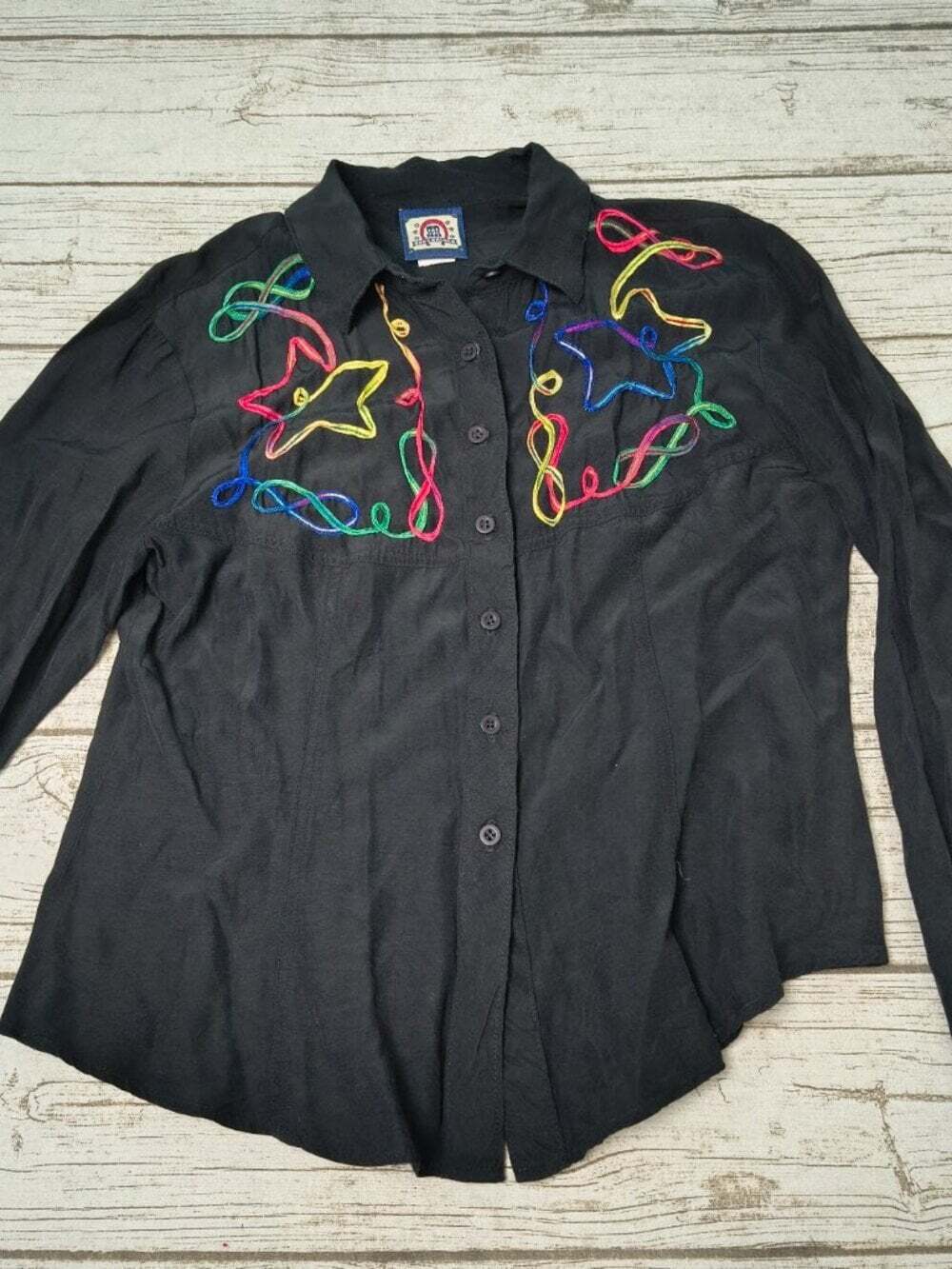 Vintage Western Blouse Black Ribbon Embroidery Couching Long Sleeve Size Large